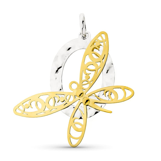18K COLGANTE AMULETO ORO BICOLOR OVAL CON LIBELULA Y OVAL