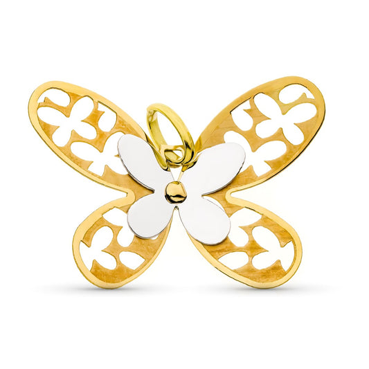 18K COLGANTE AMULETO ORO BICOLOR MATE Y BRILLO MARIPOSA
