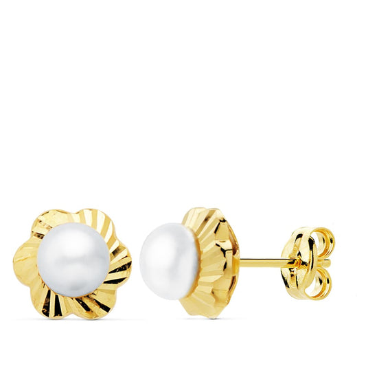 Pendientes Flor Tallada 7 mm Perla 4 mm presión de oro amarillo 18K