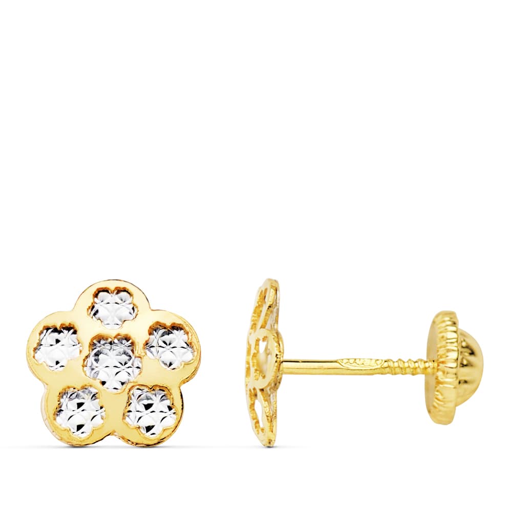 18K PENDIENTES TREBOL ORO BICOLOR 8X8 MM CIERRE TUERCA