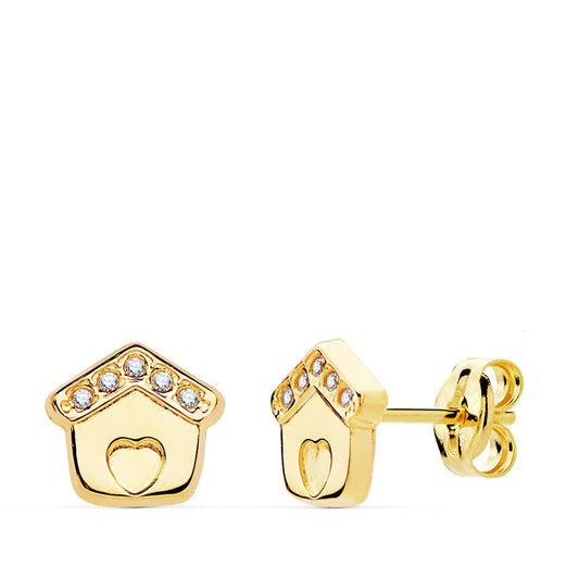 18K PENDIENTES ORO AMARILLO CASITA CIRCONITA 7X7 MM CIERRE PRESION
