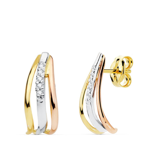 Pendientes Bandas Tricolor Circonita 15 x 6 mm 18K