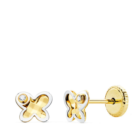 18K PENDIENTES MARIPOSA ORO BICOLOR CIRCONITA 5.5X4.5 MM CIERRRE TUERCA