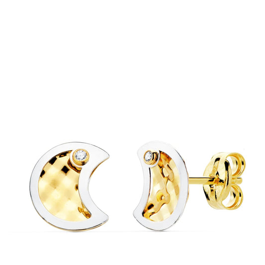 Pendientes Bicolor Luna y Circonita 8 x 6,5 mm 18K
