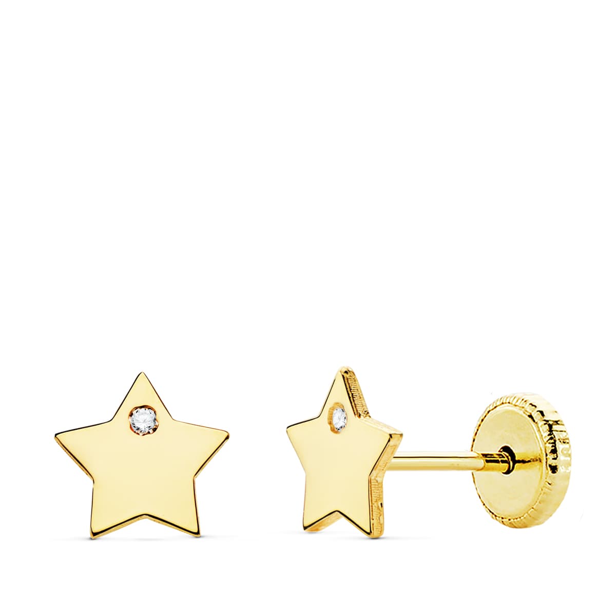 18K PENDIENTES ORO AMARILLO ESTRELLA CIRCONITA 6X6 MM CIERRE TUERCA