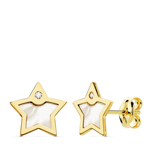 18K PENDIENTES ORO AMARILLO ESTRELLA NACAR Y CIRCONITA 8X8 MM CIERRE PRESION