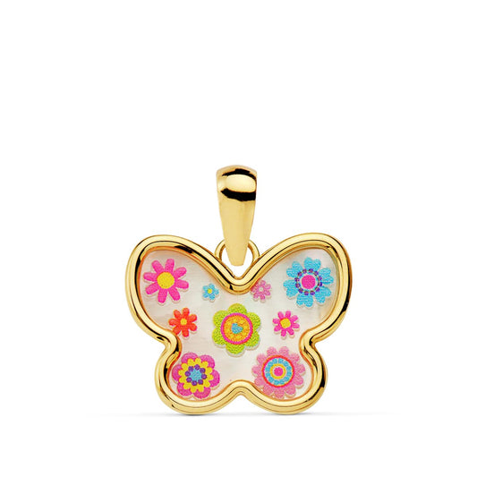 Colgante Mariposa Nacar Colores. 14 x 11 mm de oro amarillo 18K