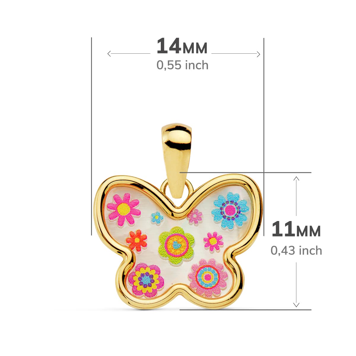 Colgante Mariposa Nacar Colores. 14 x 11 mm de oro amarillo 18K