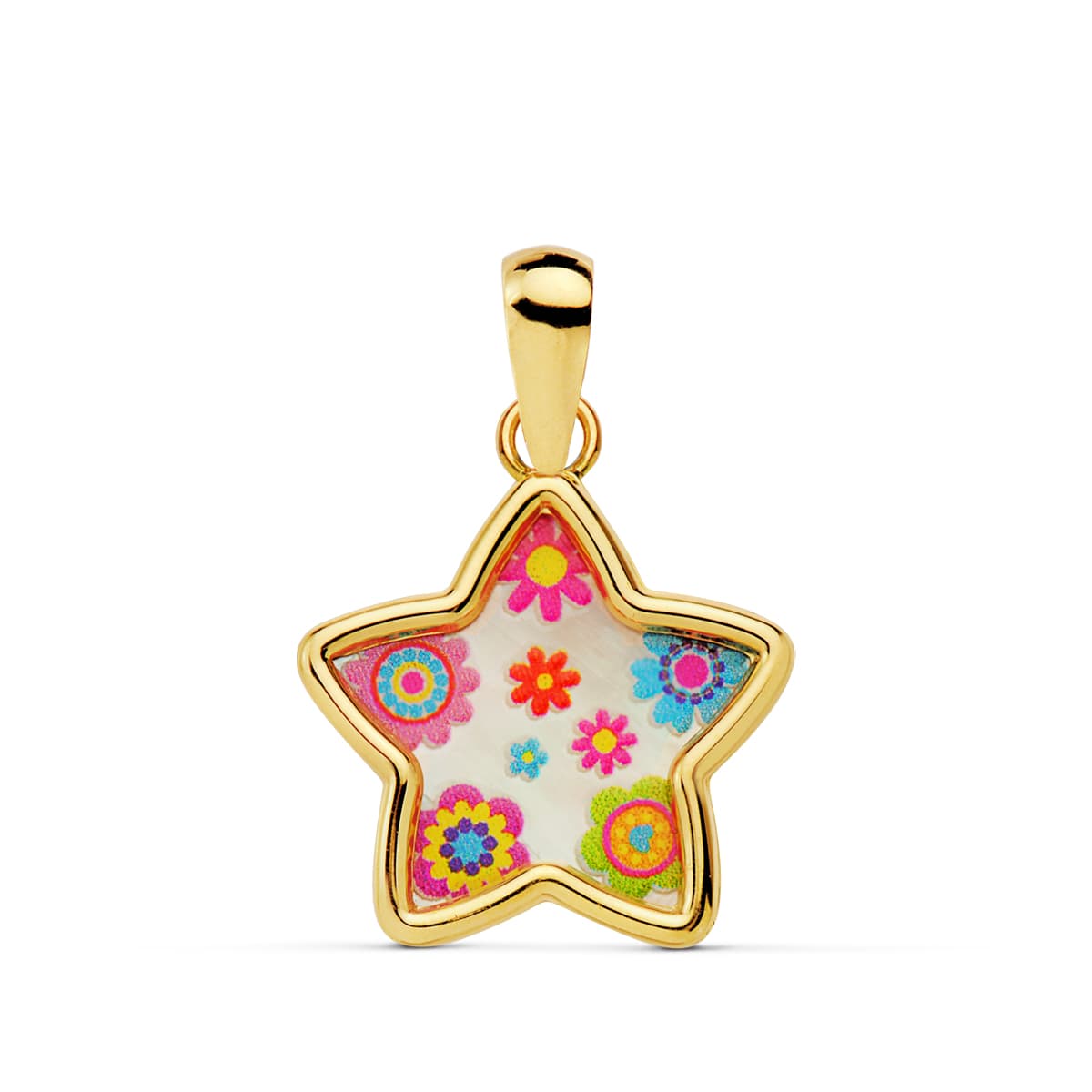 18K COLGANTE ORO AMARILLO ESTRELLA NACAR COLORES. 13X13 MM