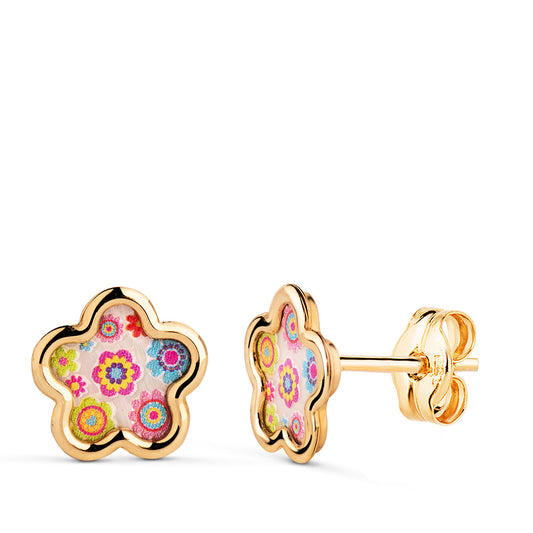 18K PENDIENTES ORO AMARILLO FLOR CON NACAR DE COLORES FLORALES. MEDIDA: 8 X 8 MM. CIERRE PRESION