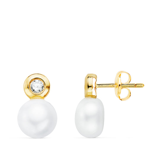 Pendientes Perla y Chaton con Circontia. Medida: 12 x 7 mm. de oro amarillo 18K