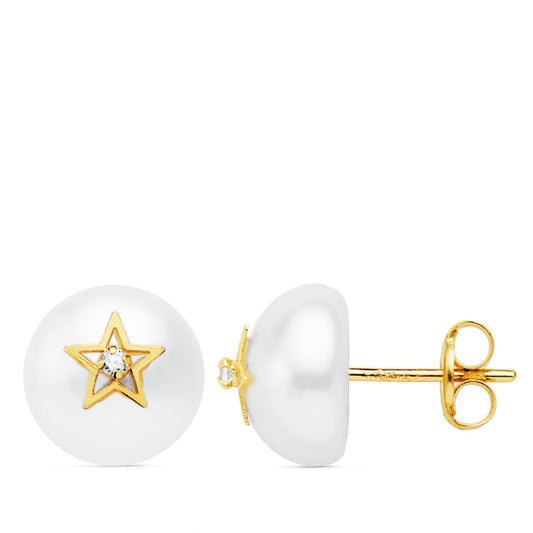 Pendientes Media Perla 9 mm y Estrella de oro amarillo 18K