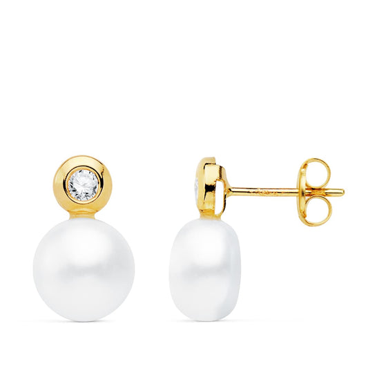 18K PENDIENTES ORO AMARILLO PERLA Y CHATON. 13X8 MM CIERRE PRESION
