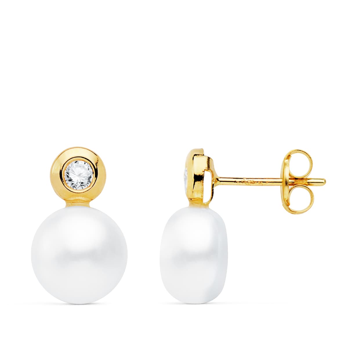 Pendientes Perla y Chaton. 13 x 8 mm de oro amarillo 18K