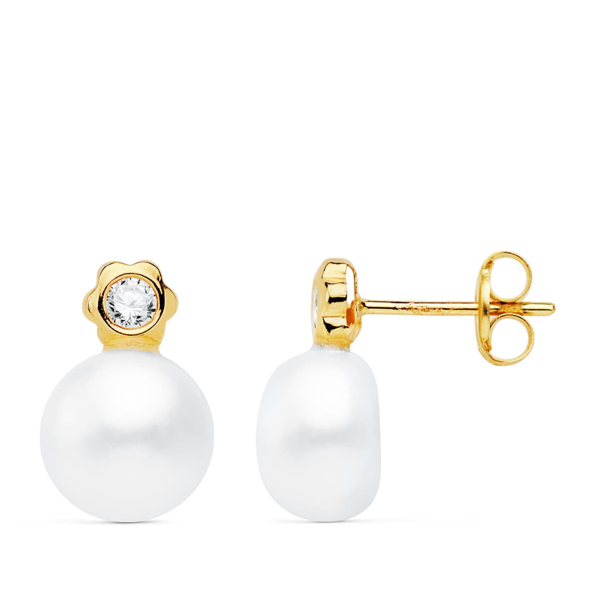 Pendientes Perla y Flor 12 x 8 mm de oro amarillo 18K