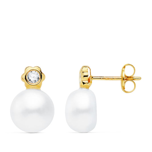 Pendientes Perla y Flor 12 x 8 mm de oro amarillo 18K