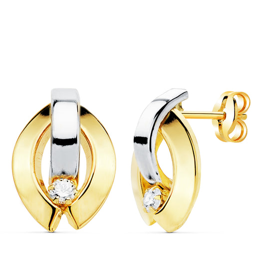 Pendientes Bicolor Bandas y Circonita 14 x 9 mm 18K