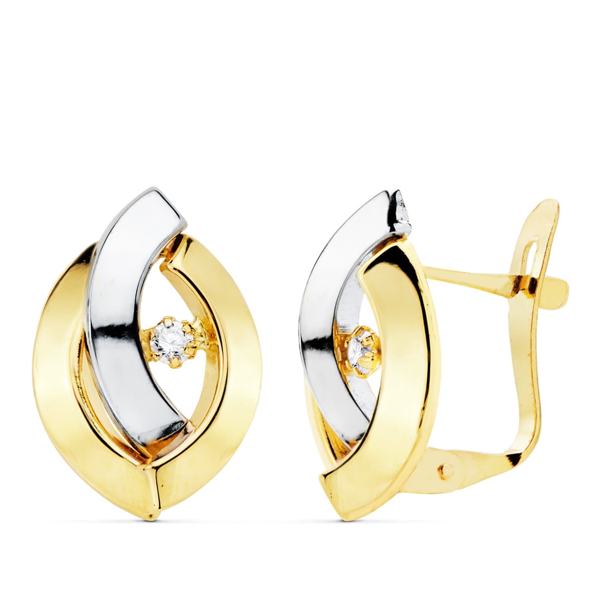 18K PENDIENTES ORO BICOLOR BANDAS Y CIRCONITA 15X10 MM CIERRE CATALAN