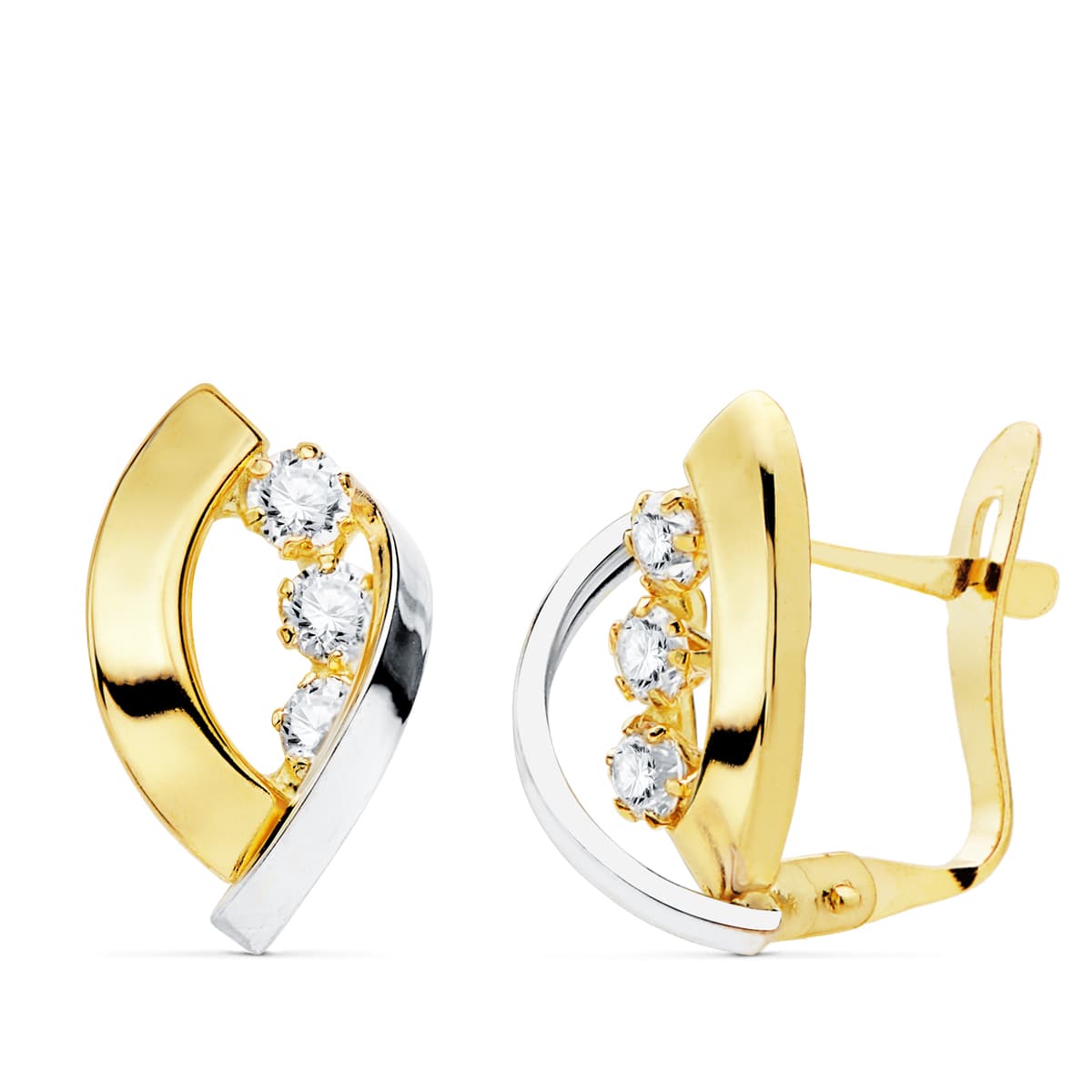 18K PENDIENTES ORO BICOLOR BANDAS Y CIRCONITA 14X9 MM CIERRE CATALÁN