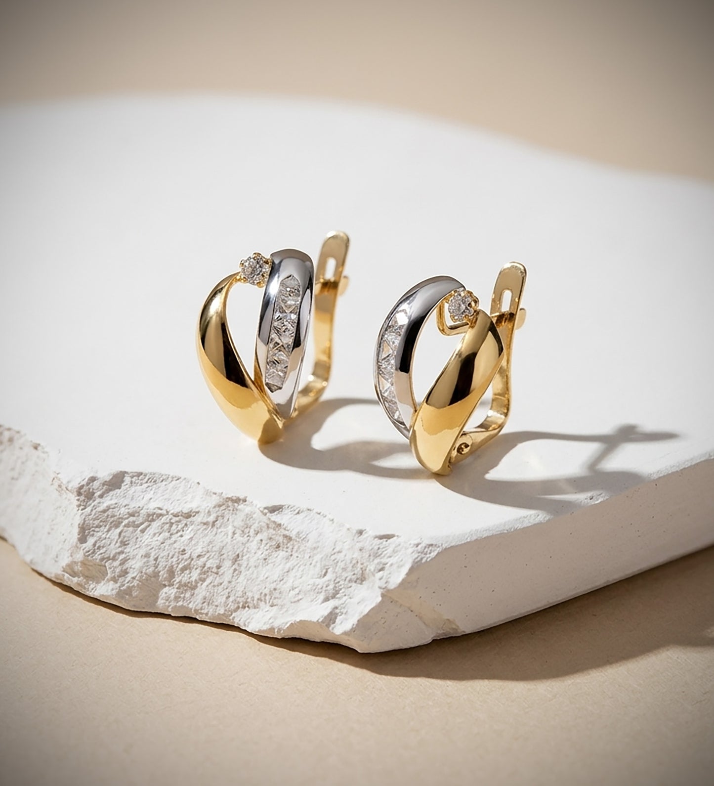 18K PENDIENTES ORO BICOLOR BANDAS Y CIRCONITA 16X9 MM CIERRE CATALAN
