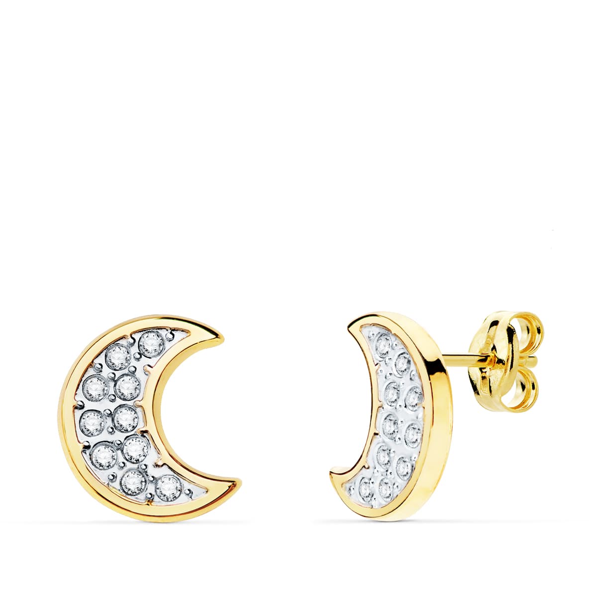 18K PENDIENTES ORO BICOLOR LUNA CON CIRCONITA 11X9 MM CIERRE PRESION.