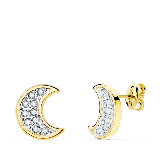 Pendientes Bicolor Luna con Circonita 11 x 9 mm 18K