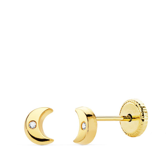 18K PENDIENTES ORO AMARILLO LUNA CIRCONITA 4.5X3.5 MM CIERRE TUERCA