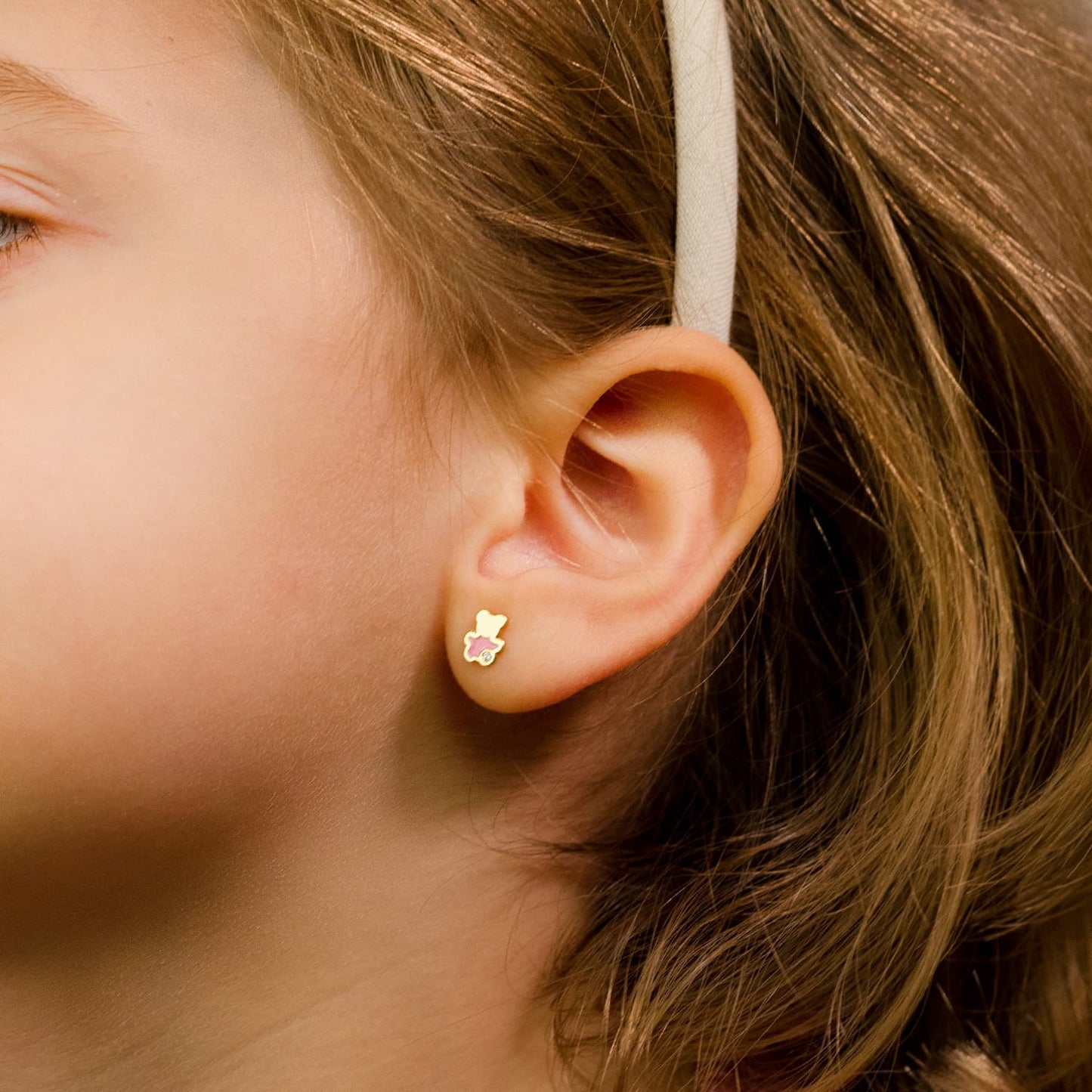 18K PENDIENTES ORO AMARILLO OSO ESMALTE ROSA 6X5 MM CIERRE TUERCA