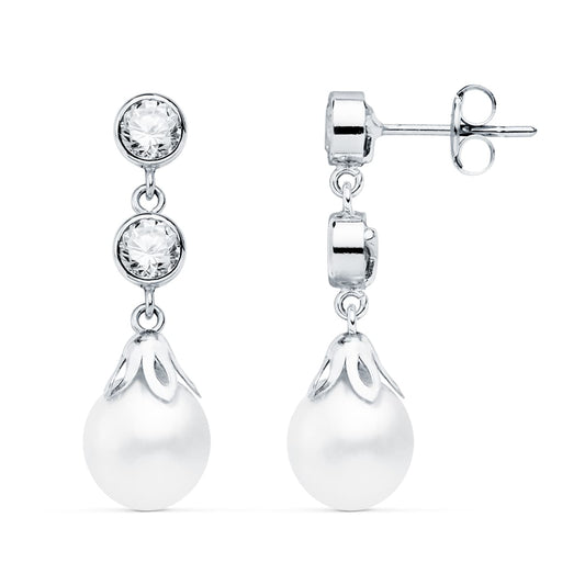 18K PENDIENTES ORO BLANCO PERLA Y CIRCONITA 24X6 MM PRESION