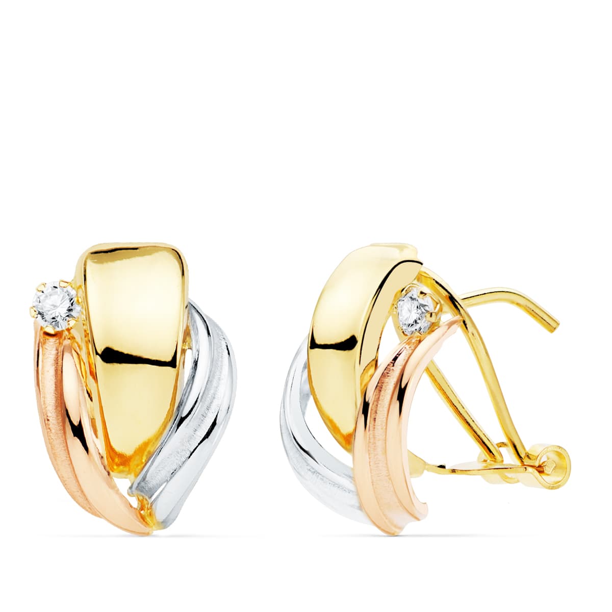 18K PENDIENTES ORO TRICOLOR BANDAS LISAS 15X11 MM CIERRE OMEGA