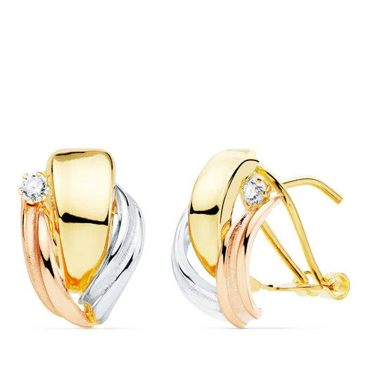 18K PENDIENTES ORO TRICOLOR BANDAS LISAS 15X11 MM CIERRE OMEGA