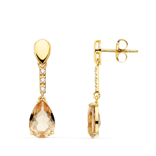 18K PENDIENTES ORO AMARILLO PIEDRA GOTA COLOR KUNCITA 28X7 MM CIERRE PRESION