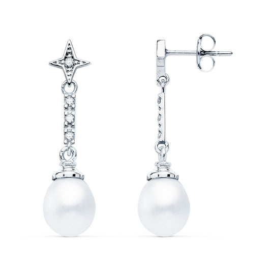 18K PENDIENTES ORO BLANCO PERLA Y CIRCONITA 28X8 MM CIERRE PRESION