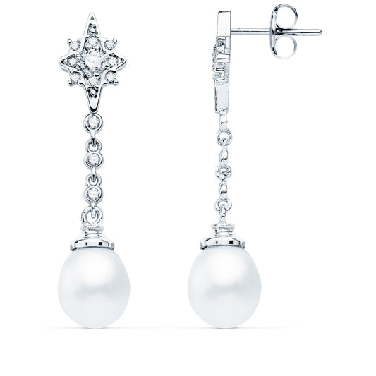 Pendientes Largos Perla y Circonita 37 x 7 mm de oro blanco 18K