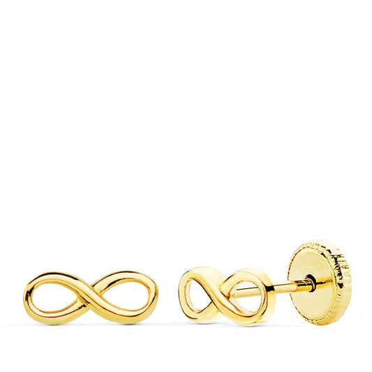Pendientes Infinito Lisos. 8 x 3 mm Cierre Tuerca de oro amarillo 18K