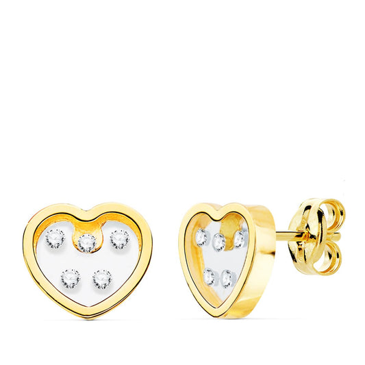 18K PENDIENTES ORO AMARILLO CORAZON AIRSHINE TRANSPARENTE Y CIRCONITA 8X7 MM CIERRE PRESION C. AMOR