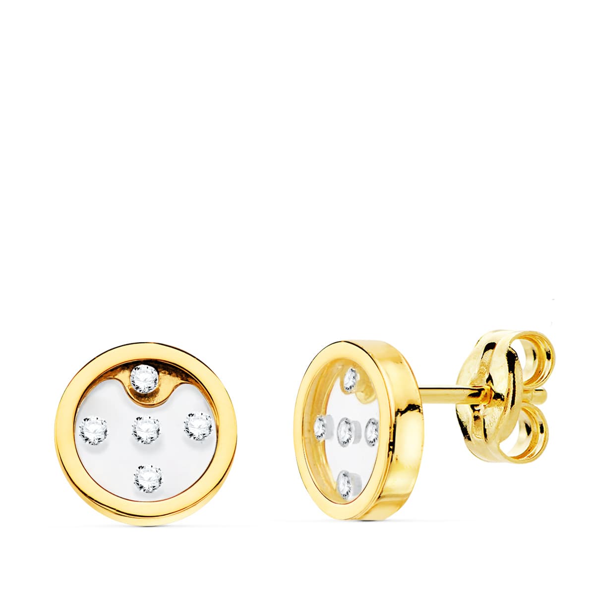 18K PENDIENTES ORO AMARILLO REDONDOS AIRSHINE TRANSPARENTE Y CIRCONITA 8 MM CIERRE PRESION