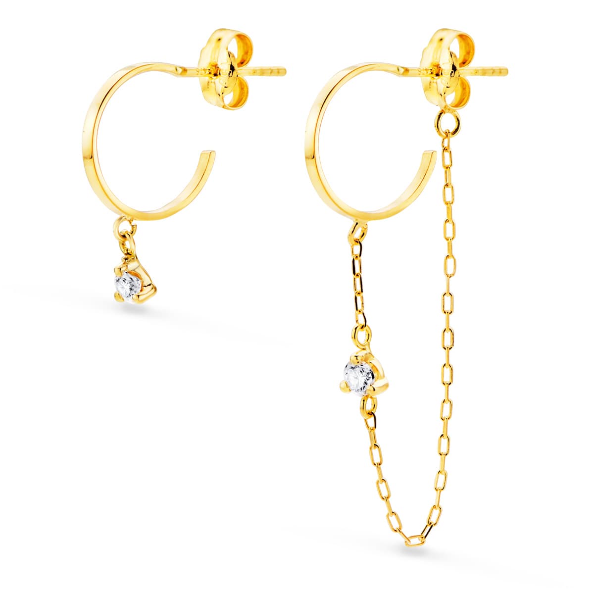 18K PENDIENTES AROS CON CADENA Y CHATON AROS ABIERTOS 11 MM CADENA 32 MM