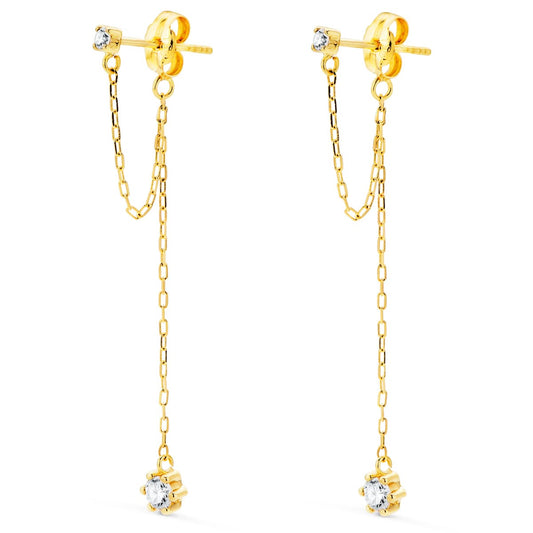 18K PENDIENTES ORO AMARILLO CIRCONITA CON DOBLE CADENA DE 3 CM CIERRE PRESION