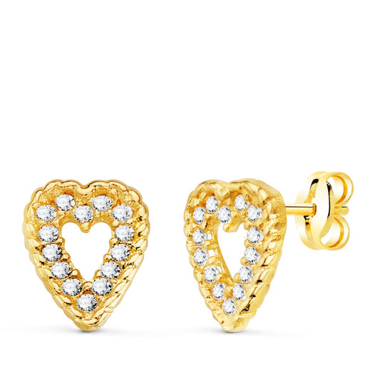 18K PENDIENTES ORO AMARILLO CORAZON 9X7 MM 28 CIRCONITA PRESION C. AMOR