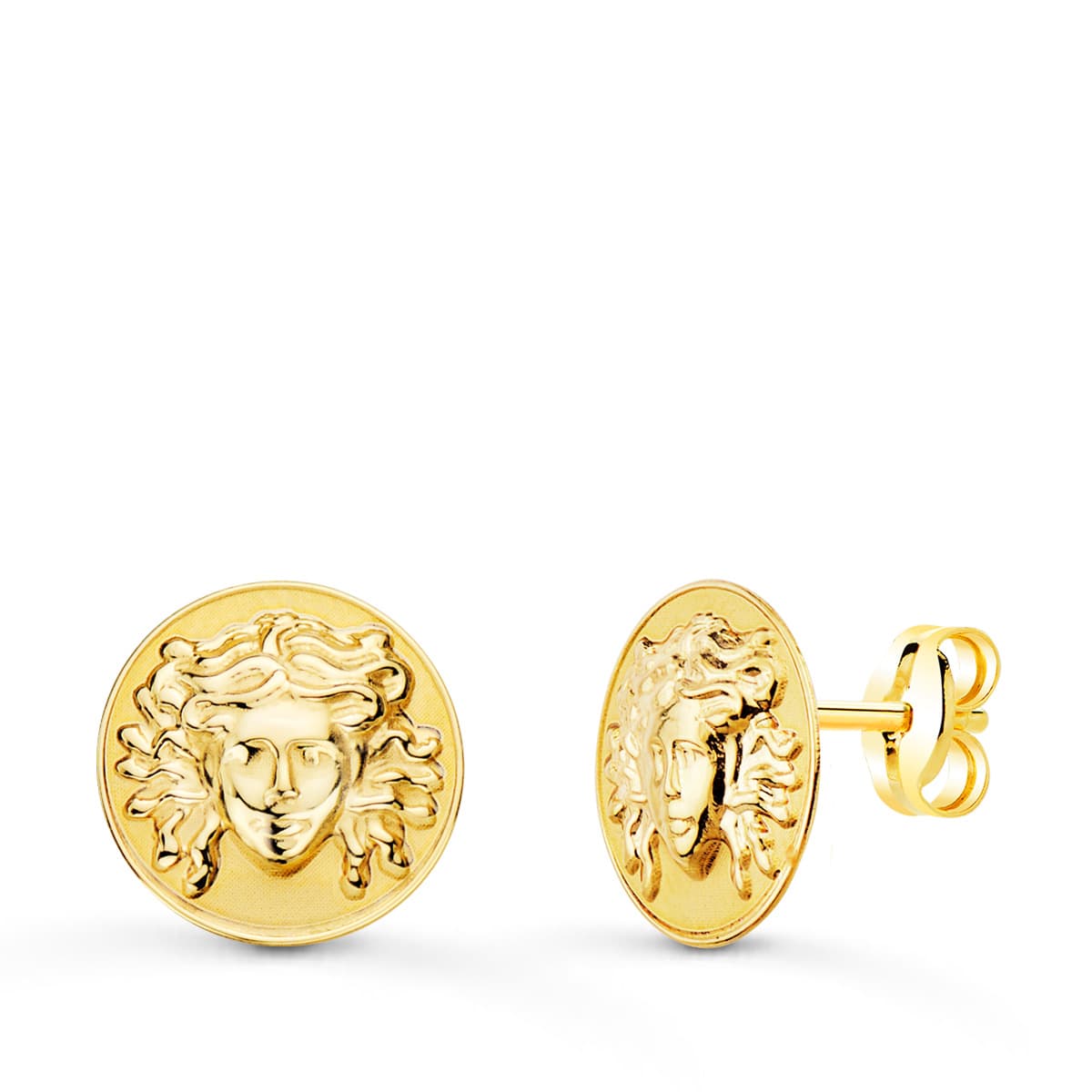 Pendientes Redondos con Medusa 12 mm Brillo y Mate presión de oro amarillo 18K