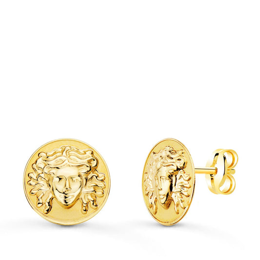 Pendientes Redondos con Medusa 12 mm Brillo y Mate presión de oro amarillo 18K
