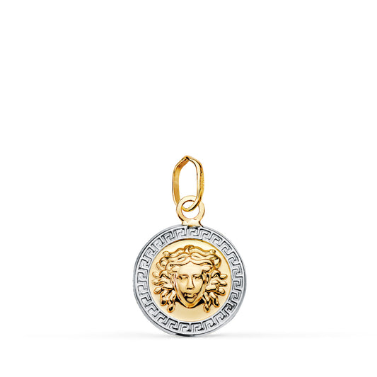 Medalla Bicolor Medusa Greca en Brillo. Medida: 12 mm 18K