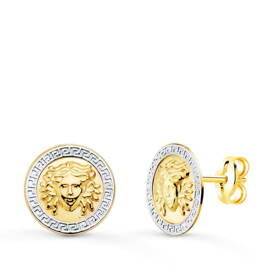 Pendientes Bicolor Medusa y Borde de Greca 12 mm 18K