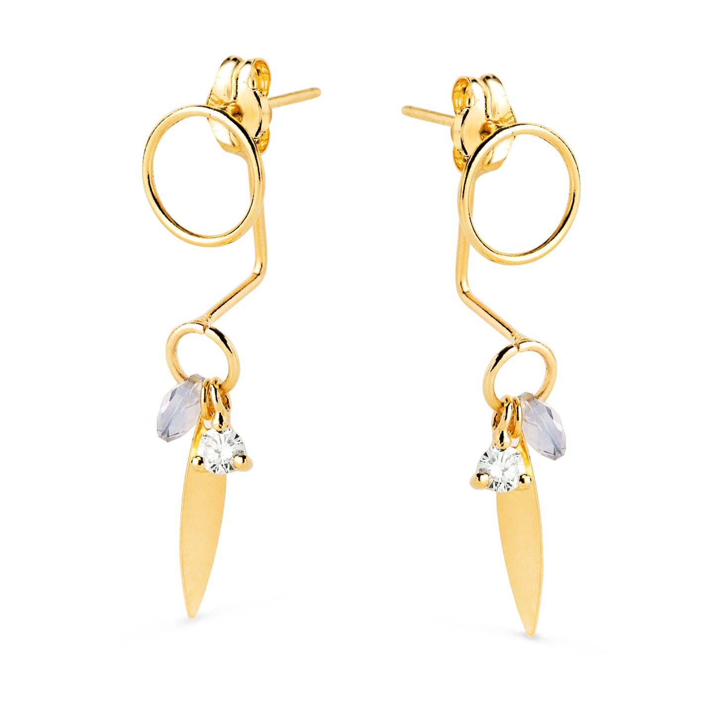 18K PENDIENTES ORO AMARILLO EAR JACKETCON CIRCULO, HOJA Y PIEDRA AZUL 27X7 MM. CIERRE PRESION