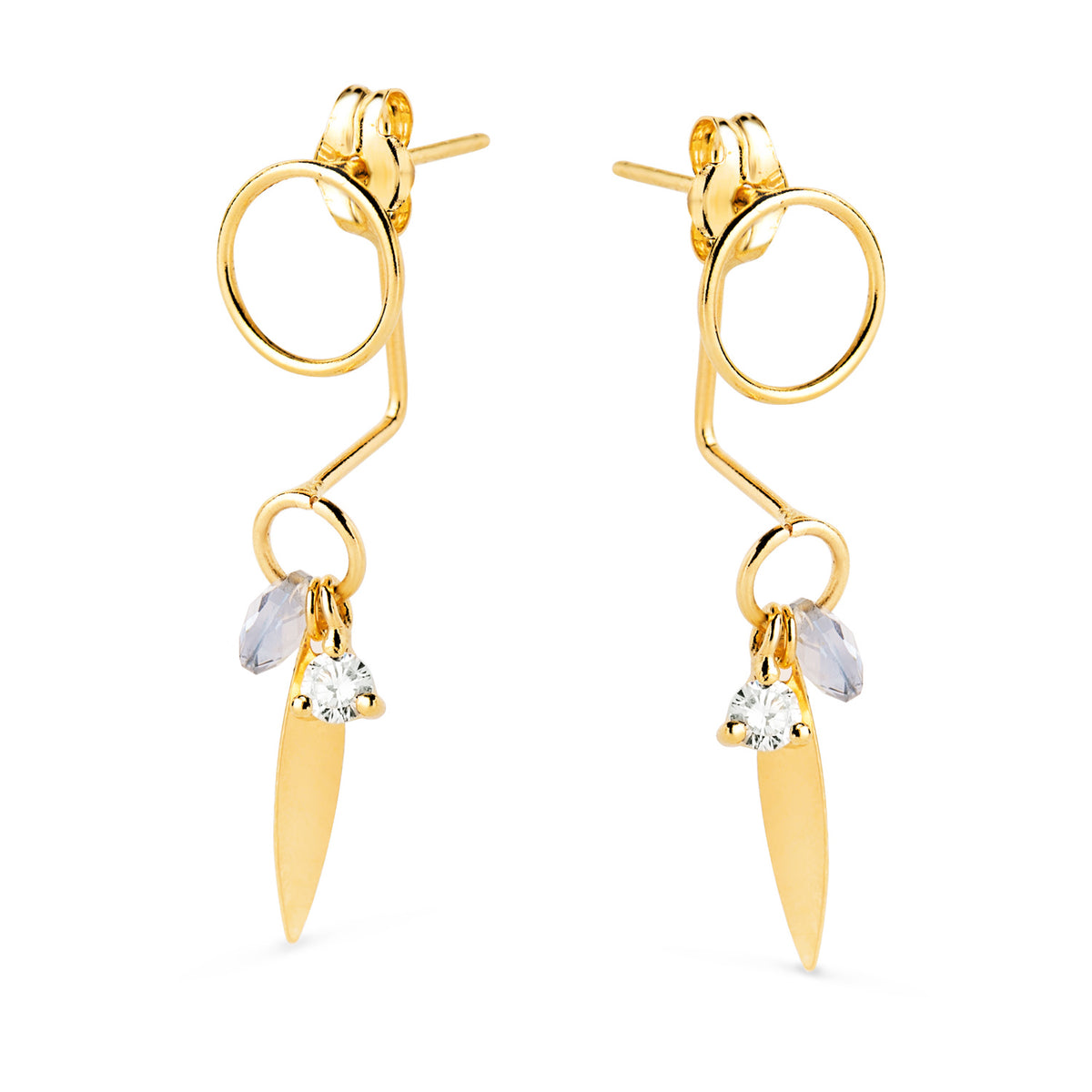 Pendientes Ear Jacketcon Circulo, Hoja y Piedra Azul 27 x 7 mm. de oro amarillo 18K