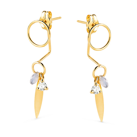 Pendientes Ear Jacketcon Circulo, Hoja y Piedra Azul 27 x 7 mm. de oro amarillo 18K