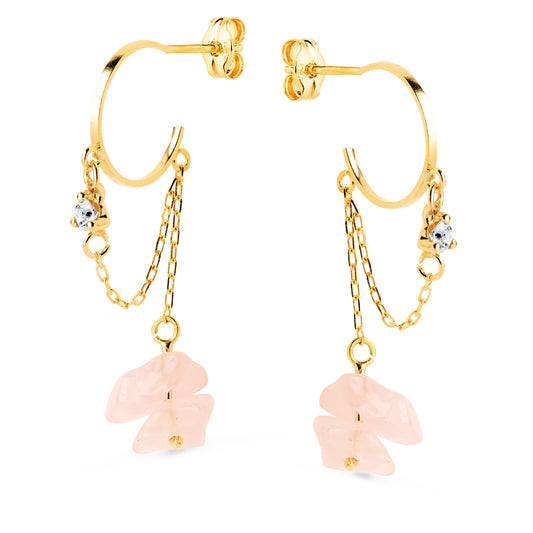Pendientes Medio Aro 11 mm con Cadena y Cuarzo Rosa 33 mm. de oro amarillo 18K