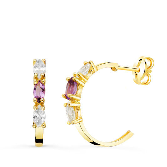 Pendientes Medio Aro Amatista Talla Marquise. 15 x 2 mm presión de oro amarillo 18K