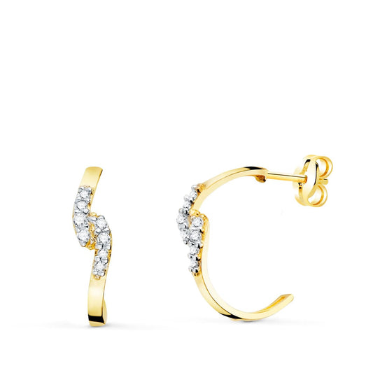 Pendientes Bicolor Media Aro Cuadrado con Circonita 15 x 3 mm presión 18K